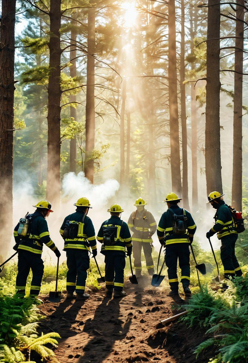 A diverse group of firefighters and conservationists joyfully collaborating in a lush forest environment, demonstrating teamwork with tools like shovels and water hoses. In the background, a small controlled burn is taking place safely, with smoke curling up into the bright blue sky. Emphasize their camaraderie and determination, with a mix of bright greens from trees and warm earth tones. Show a golden sunset to enhance the warmth of their collaboration. super-realistic. vibrant colors.