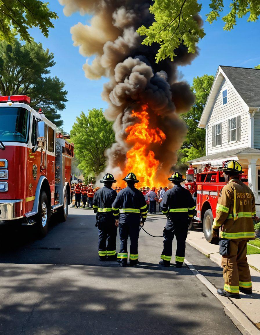 A dynamic scene showcasing firefighters interacting with community members, sharing knowledge about fire safety in a lively neighborhood setting. Emphasize warmth and camaraderie through smiles and friendly gestures, surrounded by trees and homes. Include elements like a fire truck and safety equipment to illustrate the theme of community bonding and safety. The atmosphere should be vibrant and inviting, highlighting the importance of community engagement. super-realistic. vibrant colors. 3D.